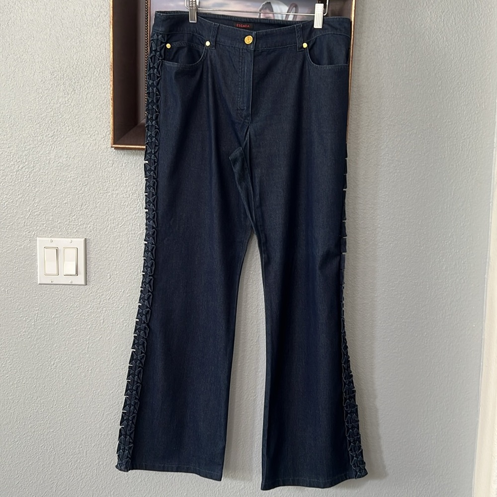 ESCADA Jeans Wide-Leg Mid-Rise Bow Side-Seam Trim Silky Dark Rinse Wash EU-42